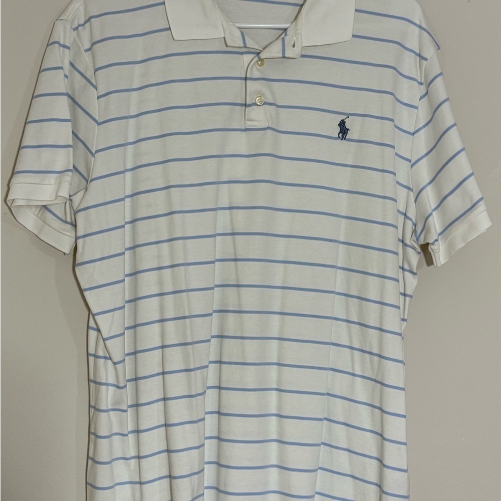Polo Ralph Lauren Shirt Mens Size XL TG Striped White Blue Short Sleeve Slim Fit